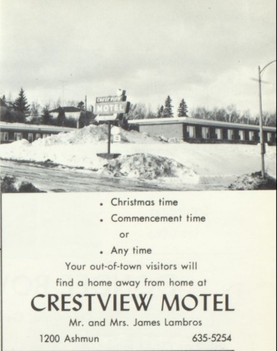 Budget Host Crestview Inn (Crestview Motel, Thrifty Inn$) - 1964 High School Yearbook Ad (newer photo)